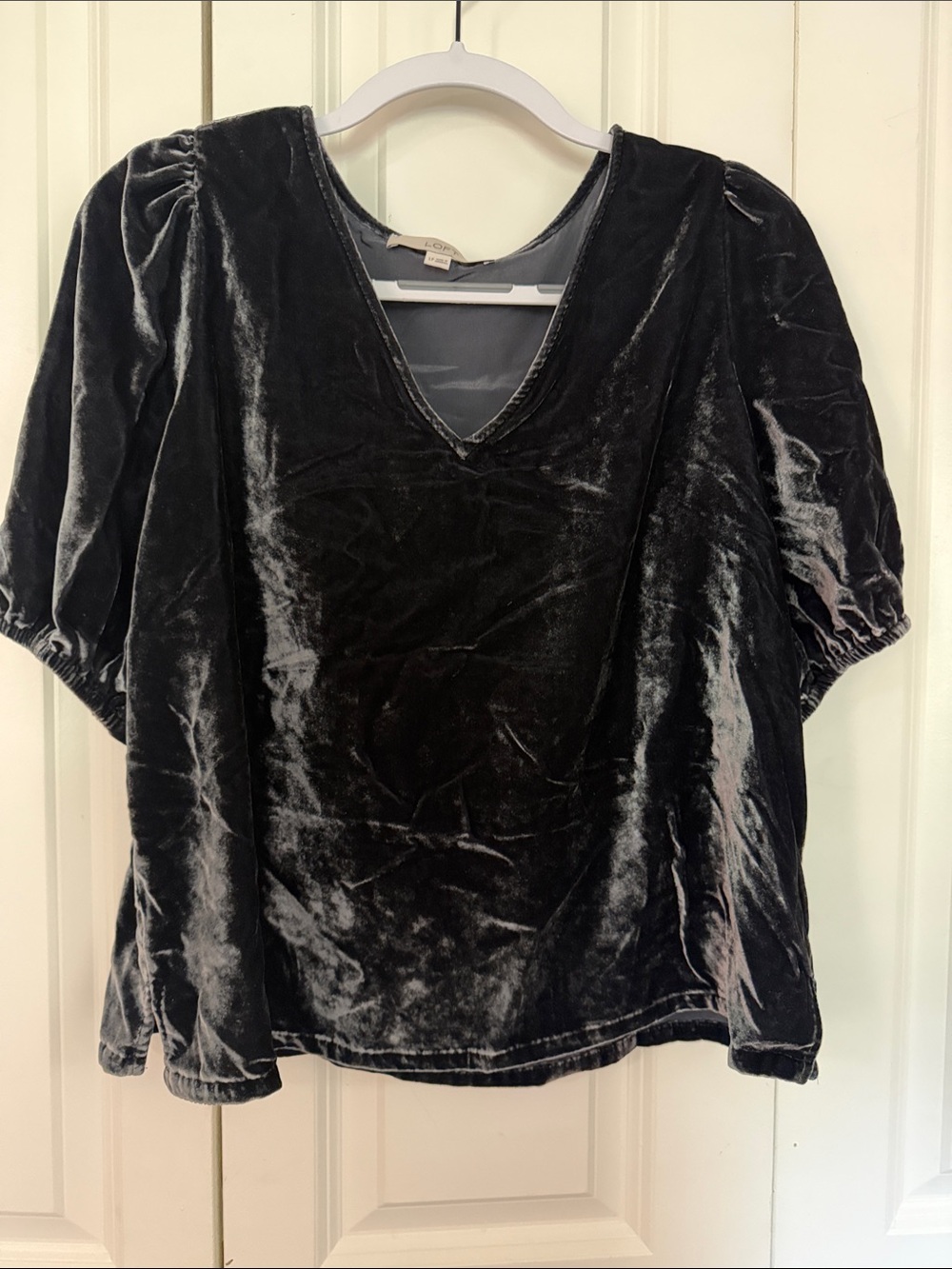 LOFT Black Velvet V-Neck Puff Sleeve Blouse